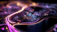 Futuristic night cityscape with glowing light trails and bokeh effects in purple and orange tones, aerial view of urban architecture and highways creating dynamic curves.