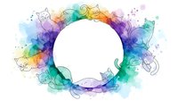 Colorful watercolor frame with playful cats in rainbow hues surrounding white circular space for text or design elements on transparent background.