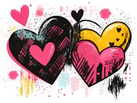 Grunge hearts with paint splatters and brush strokes in pink, yellow and black colors on white background for romantic designs and love themes.