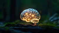 Glowing brain model on forest moss with magical light effects and neural connections illuminated against dark natural background. For science concepts.