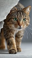 Curious tabby cat with striking green eyes peeks from under gray blanket, walking toward camera against neutral background.