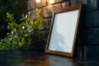 Empty wooden photo frame against dark stone wall with green plants and sunlight creating atmospheric mood. Mockup for artwork presentation.