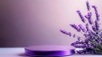 Purple metallic podium display with fresh lavender flowers against soft gradient background, creating elegant product presentation space for cosmetics or spa items.