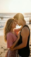 Young couple embracing intimately on beach at golden hour sunset with warm sunlight creating romantic atmosphere for love and relationship concepts.