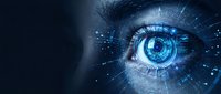 Futuristic cybernetic eye with digital interface and glowing blue circuits for technology and artificial intelligence concepts in sci-fi design projects.