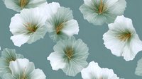 White petunia flowers with yellow stamens scattered on sage green background create seamless floral pattern for textile, wallpaper and surface design projects.