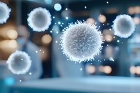 Microscopic virus cells floating in blurred blue background with bokeh lights, scientific medical visualization for healthcare and disease research concepts.
