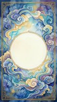 Watercolor celestial frame with swirling clouds in blue purple gold tones, blank center circle for text or design, ornate golden border decoration.