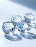 Crystal clear glass spheres casting geometric shadows on white surface with soft blue tones, creating elegant minimalist composition for luxury design projects.