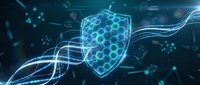 Futuristic cybersecurity shield with hexagonal pattern and glowing blue digital network connections on dark background for technology protection concepts.