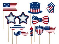 Isolated patriotic party props featuring stars, hats, flags, and accessories in red, white, and blue colors. Ready for Independence Day celebrations, Fourth of July events, and festive decorations.