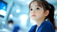 Young Asian girl with ponytail in blue uniform looking up thoughtfully in bright modern interior with bokeh lights and blurred background. Healthcare or education concept.