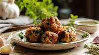 Homemade meatballs garnished with fresh herbs on rustic ceramic plate, with garlic and sauce ingredients in soft-focus background.