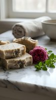 Handmade natural soap bars with dried herbs and botanicals arranged on marble surface with fresh rose flower and green leaves for spa and wellness product photography.