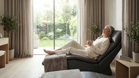 Woman in beige clothing relaxing in modern black lounge chair by large windows overlooking garden, contemporary interior design with plants and neutral decor.