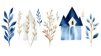Watercolor botanical elements with blue house isolated on white background for wedding invitations, greeting cards and scrapbooking projects.