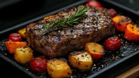 Juicy grilled beef steak with roasted colorful mini bell peppers and fresh rosemary sprig on black cast iron pan. Seasoned with pepper and herbs.