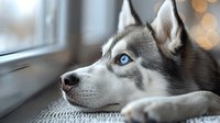 Siberian Husky with striking blue eyes resting near window, head on paws with dreamy expression. Soft bokeh lights create cozy atmosphere for pet photography.