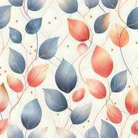 Elegant seamless pattern with navy blue and coral pink leaves on light background, delicate branches and small decorative dots create gentle flowing design.