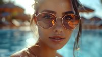 Young Hispanic woman in round sunglasses by pool, sun flare reflecting in lenses, natural makeup, close up portrait with soft summer glow and blurred resort background.