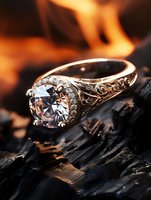 Elegant vintage engagement ring with large diamond centerstone and ornate filigree band on dark wood surface with warm firelight background for luxury jewelry.