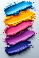 Colorful paint brush strokes in blue, yellow, pink, purple creating artistic smears on white background for creative design projects and art concepts.