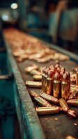 Shiny copper bullets on manufacturing conveyor belt, ammunition production line with rows of cartridges extending into distance. Industrial setting.