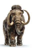 Woolly mammoth with long curved tusks and thick brown fur standing on white background. Prehistoric extinct elephant species for educational content.