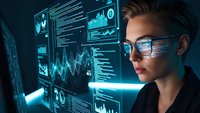 Young Caucasian businesswoman analyzing financial data on futuristic holographic displays in modern office environment for technology presentations.