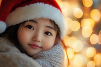 Young Asian woman wearing Santa hat and cozy sweater smiles warmly against blurred golden Christmas lights background creating festive holiday atmosphere.