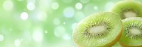 Fresh juicy kiwi slices on blurred green bokeh background with copy space, macro view of tropical fruit texture and seeds for healthy food design.