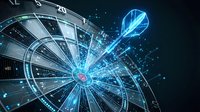 Glowing blue energy bolt strikes digital wheel interface with geometric patterns and particles on dark background for technology concepts.