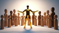 Golden figure stands out from crowd of wooden silhouettes with arms spread wide, symbolizing leadership, success and standing apart from others.