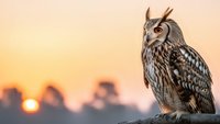 Majestic eagle owl perched on rock during golden hour sunset with warm orange sky and silhouetted landscape in background for wildlife photography projects.