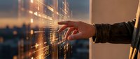 Hand touching glowing digital interface with data visualization and network connections in modern tech environment for business solutions.