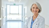 Confident mature Caucasian female doctor smiling in modern hospital corridor wearing white medical coat. Professional healthcare worker portrait.