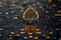 Glowing tree symbol on dark circuit board with golden light effects, representing green technology and sustainable digital innovation in computing systems.