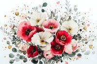 Watercolor bouquet of red and white poppies with eucalyptus leaves and gold splatter accents on white background.