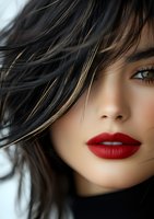 Close-up portrait of Asian woman with flowing dark hair, red lipstick, and natural makeup against light background, expressing confidence and glamour.
