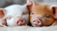 Adorable piglets sleeping together, one white and one ginger, close-up view of snouts and faces resting on straw, showing peaceful farm animal companionship.