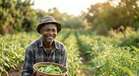 Male farmer of Middle Eastern descent, middle-aged, wearing plaid shirt and straw hat, holding fresh vegetables in vegetable garden during harvest season.