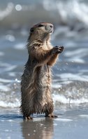Adorable river otter standing upright in shallow water with water droplets splashing around, captured in natural habitat against blurred bokeh background.