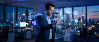Businessman in dark suit interacting with holographic data visualization and digital interface in modern office with city skyline at dusk, representing technology and innovation.