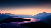 Curved mountain road at sunset with glowing light trails against purple and orange sky, silhouetted mountain ranges creating layers of depth in misty atmosphere.