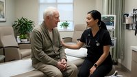 Senior Caucasian male patient in hospital gown consulting with young Hispanic female nurse in medical examination room for healthcare communication.