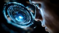 Young woman in profile view observing glowing blue spiral galaxy hologram floating in dark space, depicting futuristic technology and cosmic exploration concept.