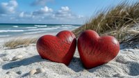 Red wooden hearts on sandy beach with ocean waves and dune grass in background, romantic seaside setting for Valentine's Day or anniversary celebration.