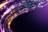 Abstract digital data stream with glowing purple and gold light effects creating curved motion trails against dark background. For technology and innovation concepts.
