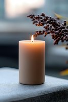 Glowing white pillar candle with soft flame against blurred background, decorated with dark elderberries branch creating cozy autumn atmosphere.