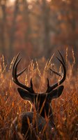 Majestic whitetail deer buck with large antlers standing in golden autumn grassland during warm sunset light creating peaceful wildlife scene.